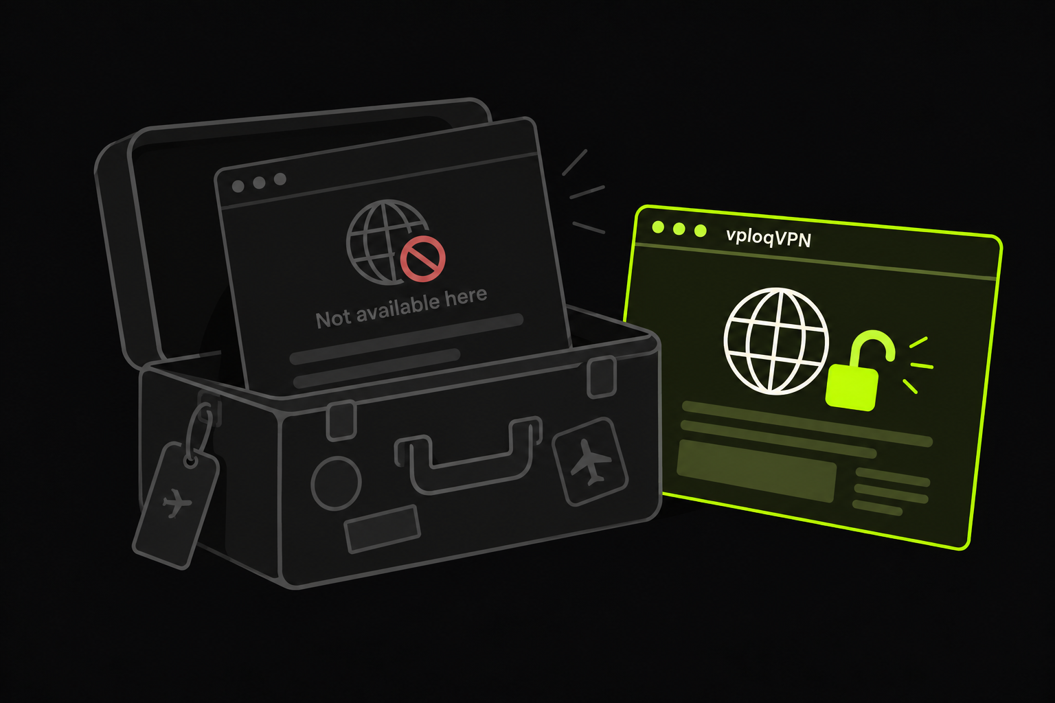 A suitcase carrying browser tabs: a blocked website beside an accessible vploqVPN tab.